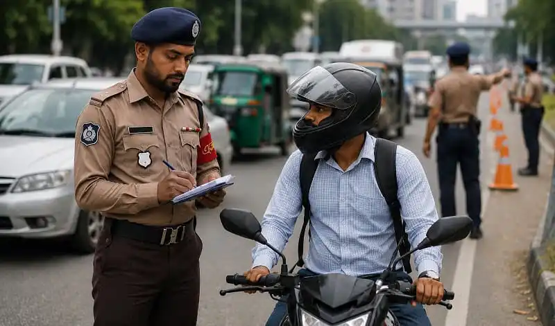 ট্রাফিক পুলিশ চালকের সঙ্গে চেকিং করছে, ঢাকা শহরে ট্রাফিক অভিযান. Channel i News - চ্যানেল আই নিউজ