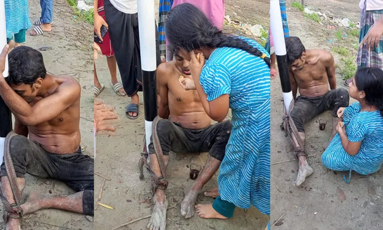 চুরির অপবাদে খুঁটির সঙ্গে বেঁধে রাখা বাবার মুখে খাবার তুলে দিল কন্যা